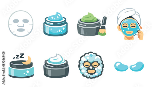 Glowing skin care icons set: facial masks, creams, and night routine illustrations