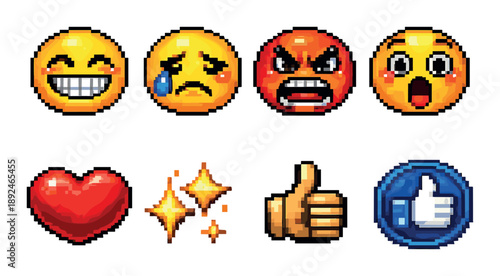 Pixel art emoji set: emotions and reactions with thumbs up and heart