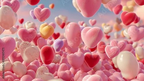 Floating heart-shaped balloons in vibrant red, pink, purple, and yellow fill the sky against a soft, pastel backdrop. ideal for valentine's day themes, romantic designs, and celebration graphics.