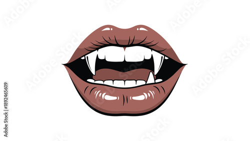 Seductive and scary vector illustration of glossy female lips parted to reveal sharp, menacing vampire fangs for Halloween themes.