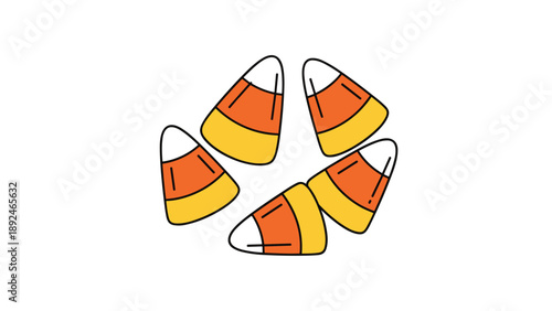 Simple cartoon illustration of five pieces of classic candy corn, a traditional sweet treat for the Halloween holiday season.