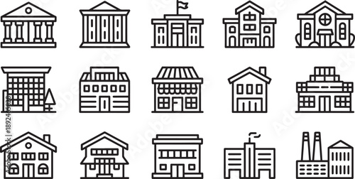 Black and white building in various styles architecture symbol house