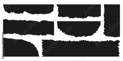 Torn paper pieces. Ripped cardboard sheets with jagged edges, torn note sheet fragments, blank paper parts for collage, text box, banner, stickers. Vector set