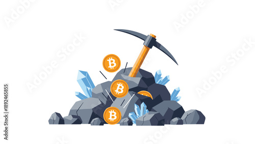 Concept illustration of bitcoin mining with a pickaxe striking rocks, revealing cryptocurrency coins and valuable blue crystals.