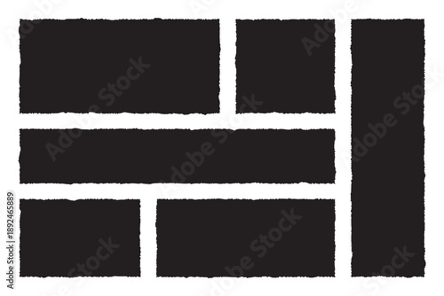 Black torn paper strips. Ripped cardboard pieces with rough edges, ragged crumpled sheets, blank jagged scraps flat style for collage, text box, banner, stickers. Vector set