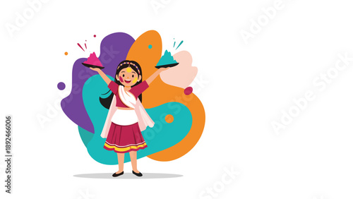 Joyful illustration of a young Indian girl celebrating the Holi festival, holding plates of colorful powder paint with an abstract background.