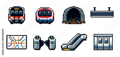 Pixel art metro icons: trains, tunnel, map, gate, escalator, platform