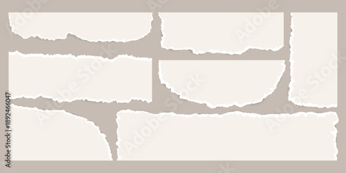 Blank torn paper pieces. Ripped cardboard stripes with rough edges, ragged crumpled sheets, jagged scraps flat style for collage, text box, banner, stickers. Vector set