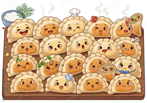 Cartoon dumplings with happy faces.