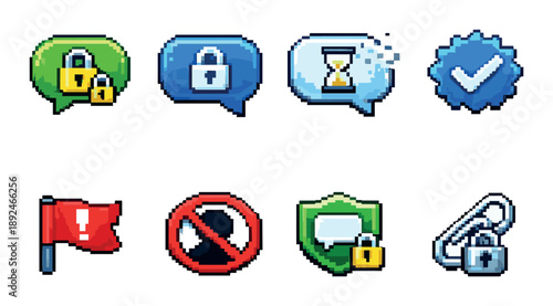 Pixel art icons of digital security measures and notifications