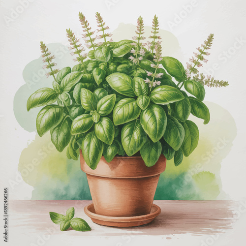 Potted Basil Plant Watercolor Illustration with Flowers