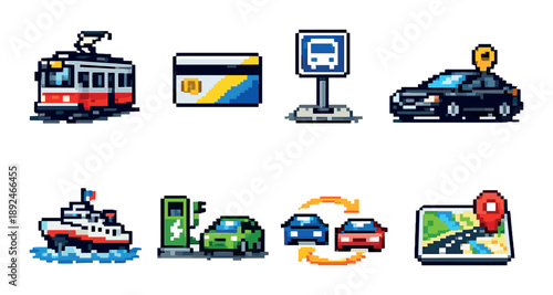 Pixel art transportation icons: tram, car, bus, payment, charging, map
