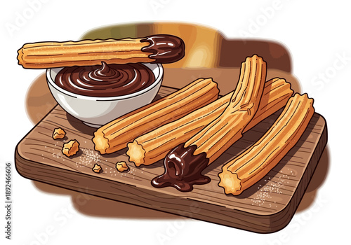 Churros on wooden cutting board.
