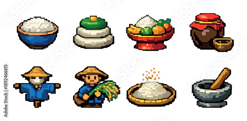 Pixel art icons: rice bowls, food, farmer, and mortar and pestle collection