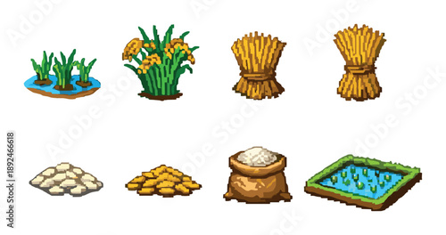 Pixel art icons of rice growth and harvest stages with rice field