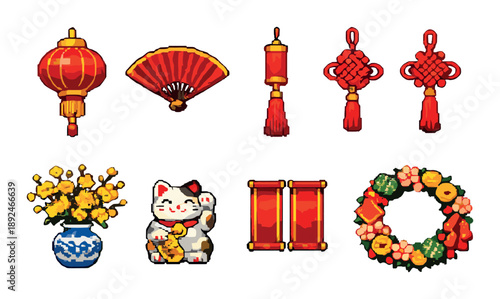 Pixel art chinese new year decor: lanterns, lucky cat, flowers, wreath