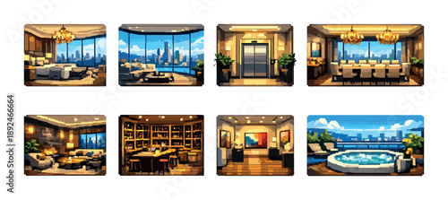 Luxurious modern apartment with city views, elegant interiors, and rooftop terrace