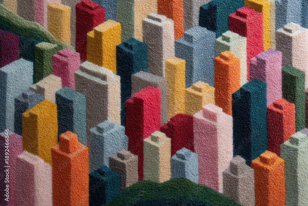 Fototapeta premium Colorful abstract cityscape of textured geometric buildings with a textured green hill