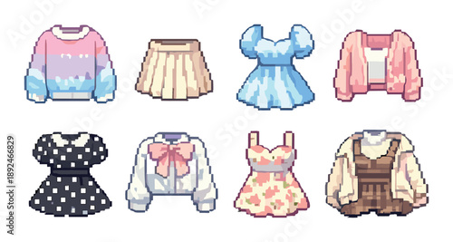 Retro pixel art fashion collection with dresses and skirts