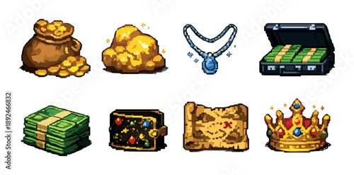 Pixel art treasures: coins, gems, necklace, cash, and crown icons