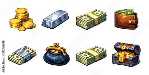 Pixel art treasure collection including gold coins, silver bar, cash stacks, wallet, and treasure chest