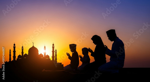 Silhouette of family praying together at sunset with mosque in background ramadan concept