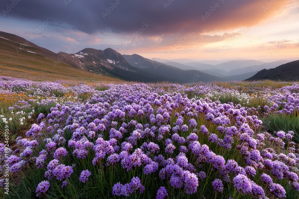 Fototapeta premium Vibrant field of purple wildflowers blooming in a mountain valley at sunrise
