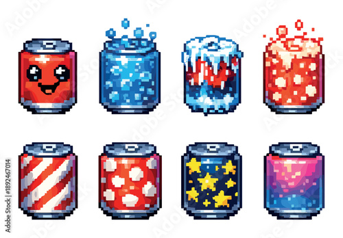 Pixel art cans with various designs and emotions