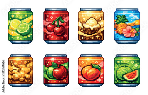 Colorful pixel art soda cans featuring various fruit designs