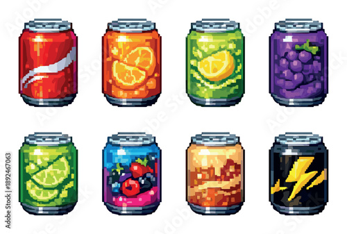 Colorful pixel art soda cans: variety of flavors in pixelated design