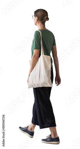 Full length portrait of a young woman walking isolated transparent PNG, student girl full body photo PNG with transparent background precisely cut out with clipping path.