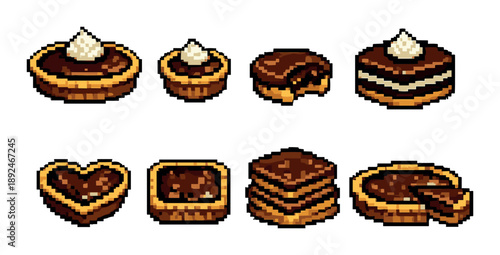 Pixel art desserts collection featuring pies and cakes in various shapes