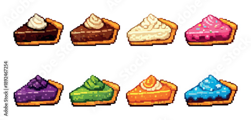 Colorful pixel art pies with whipped toppings in vibrant flavors