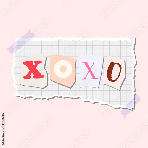 XOXO Paper Collage Valentine Background. Romantic Collage with Paper Cut Letters, Love Banner in Scrapbook Style. Vector Illustrations
