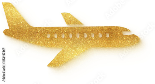 Gold glitter airplane aircraft icon for air travel flight