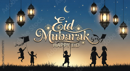 Eid mubarak greeting with silhouetted children playing under hanging lanterns at sunset