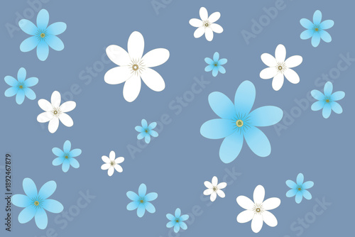 Seamless floral pattern featuring white and light blue daisy flowers in small, medium, and large sizes, beautifully arranged in an alternating composition. Set on a soft blue-gray background 