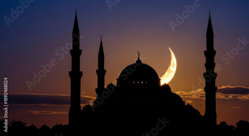 Silhouette of a mosque with minarets at sunset and crescent moon in the sky