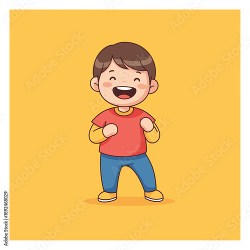 Happy Cartoon Boy with Clenched Fists.