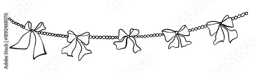 Sketch wedding bow and perl garland. Decorative element for birthday, party, wedding ceremony design. Isolated hand drawn vector illustration