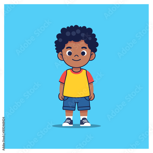 Cartoon Boy with Curly Hair Standing.