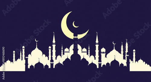 Ramadan kareem islamic cityscape silhouette at night with crescent moon