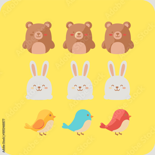 Cartoon Bears Rabbits and Birds Illustration.