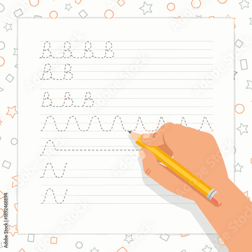 Hand Practicing Handwriting with Pencil on Worksheet.