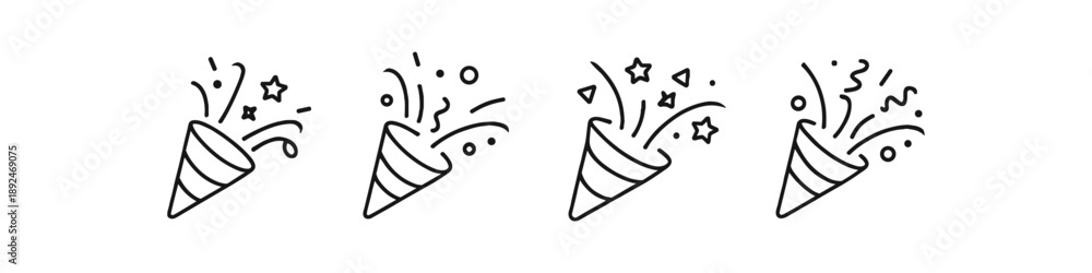 Obraz premium Set of four line art icons depicting party poppers exploding with confetti and stars
