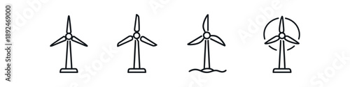 Set of four simple line art icons representing wind turbines in different styles and settings