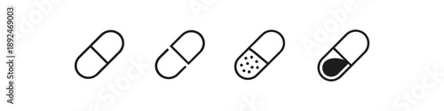 Set of four simple line icons representing different types of pharmaceutical capsules