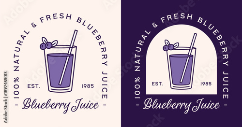 Blueberry juice fresh and 100% natural organic blueberries flavor logo label tag sticker packaging design. Retro vintage fancy purple aesthetic healthy berry drink in a glass outline drawing print.