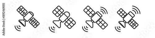 Set of four line art icons depicting satellites transmitting signals in space