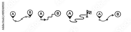 Collection of route and navigation icons showing paths from point A to point B